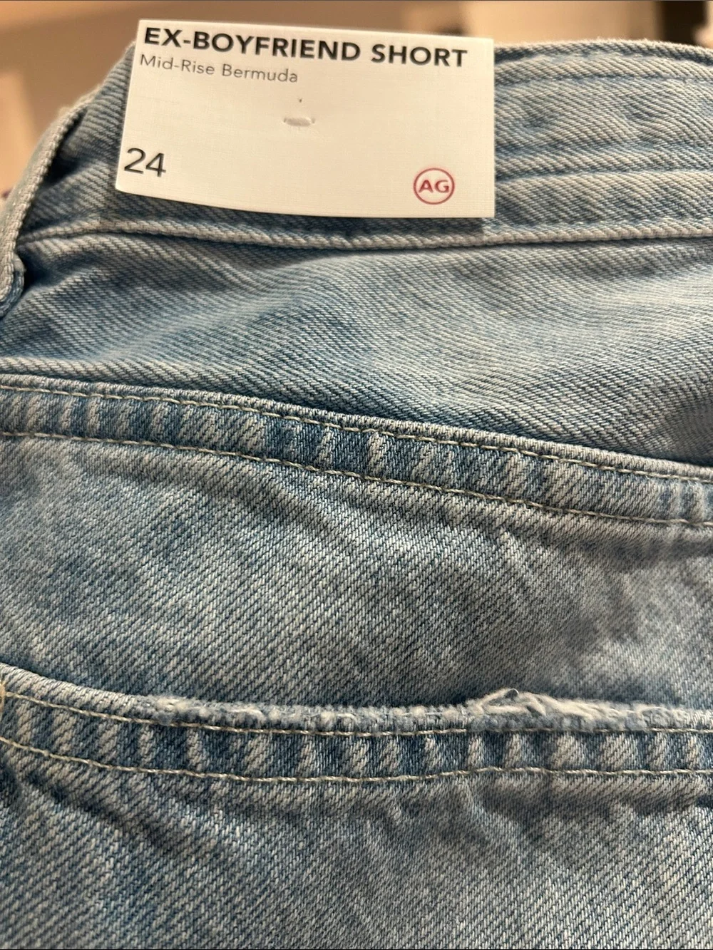 AG Adriano Goldschmied Light Blue Distressed Denim Shorts mid rise Bermuda ex bf